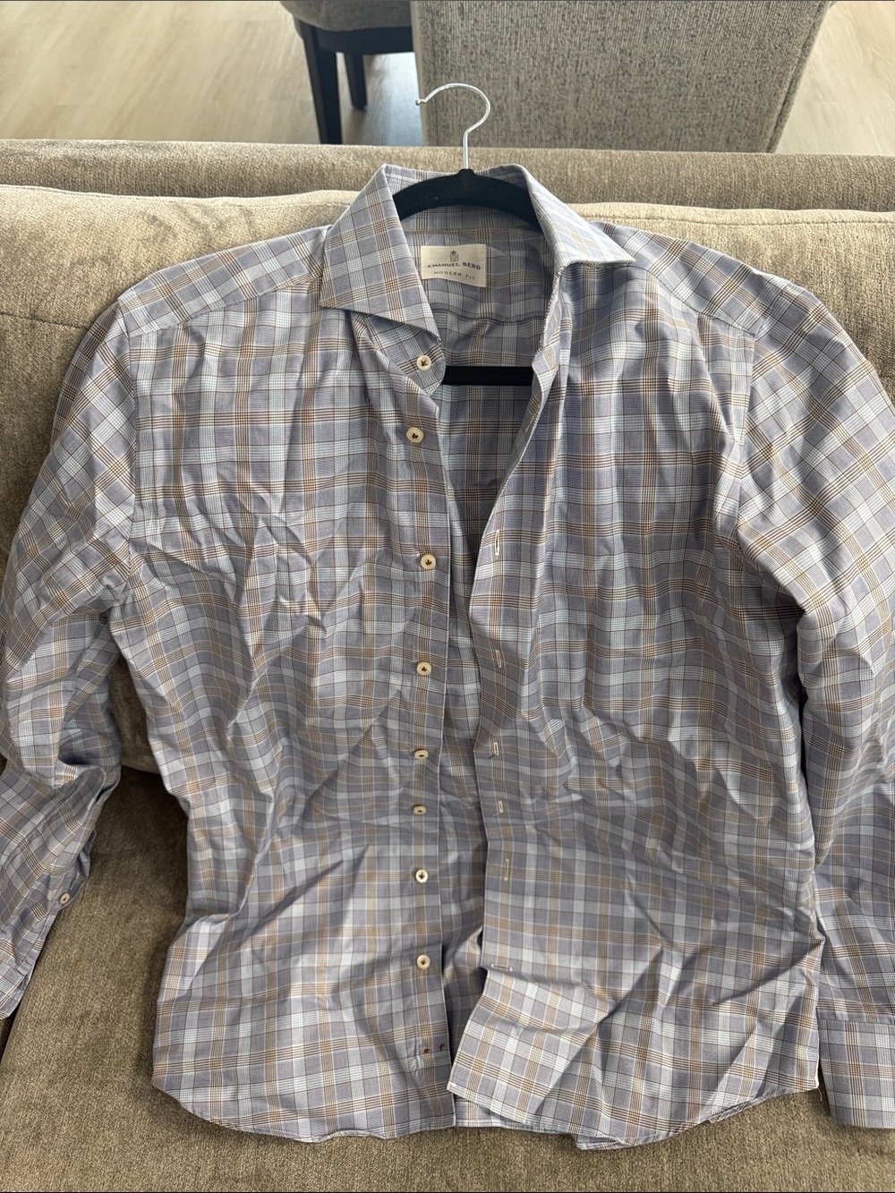 Brooks Brothers Men's Light Blue and Tan Plaid Dress Shirt